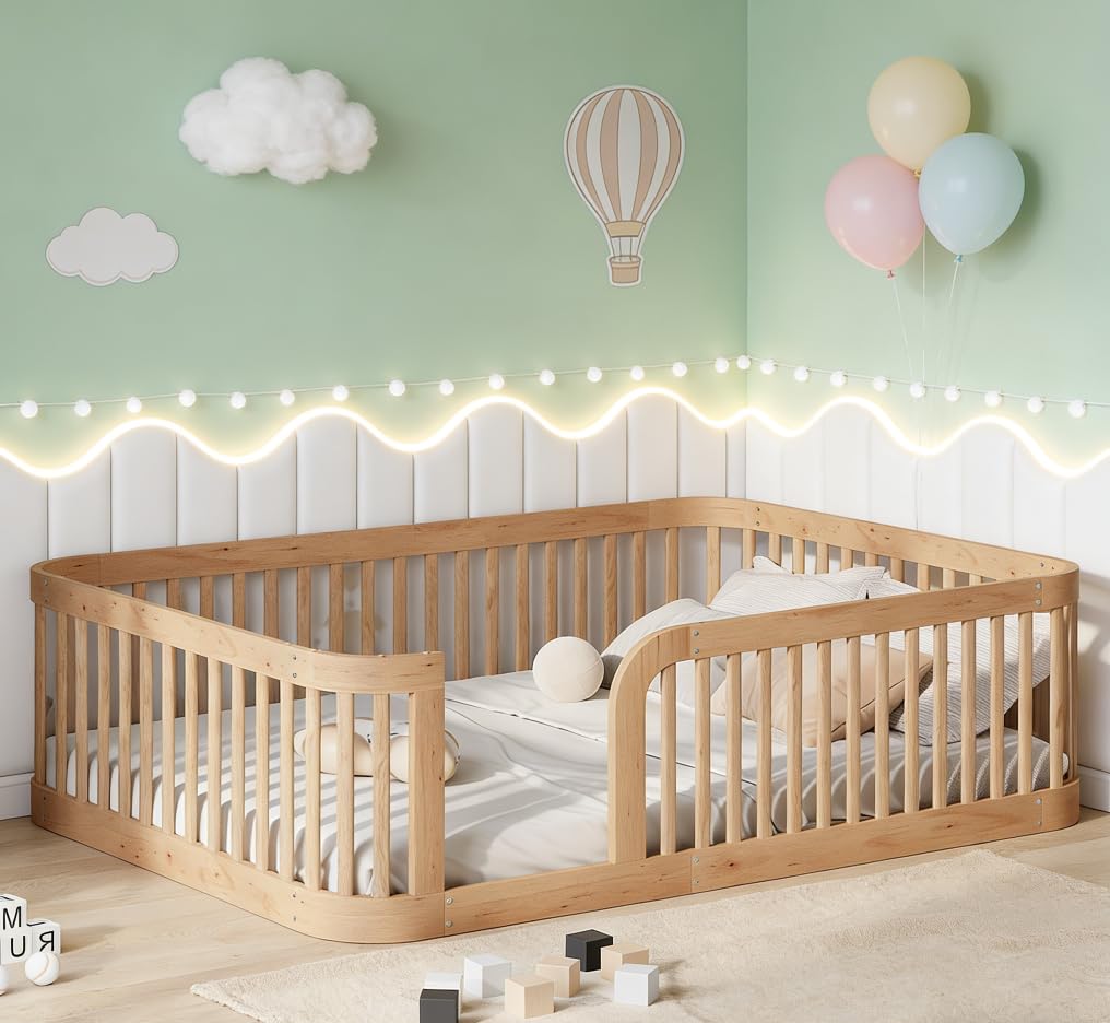 Photo 1 of ***PARTIAL SET - PRICE ADJUSTED******MISSING PARTS***Bellemave Full Size Floor Bed with Rounded Corners for Kids, Full Floor Bed with High Fence, Wooden Montessori Beds for Kids, Natural no slats