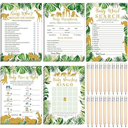 Yinder 145 Pcs Baby Shower Games Activities Cards with 20 Pencils Includes Baby Bingo Description and Wishes Guess Who Price is Right Word Scramble Game(Jungle Animals)