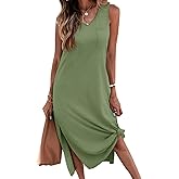 Dyexces Women Summer T Shirt Dress Casual Short Sleeve V Neck Maxi Dresses Loose Side Slit Long Tshirt Dress with Pockets
