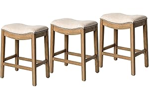 Maven Lane Adrien 26" Wood Counter Height Stool - Handcrafted Natural Wood Finish with Wheat Fabric Upholstered Saddle Seat for Comfort - Durable Barstool for Kitchen Islands, Dining Rooms, Set of 3