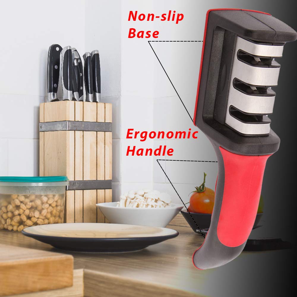 Stainless Steel Kitchen Knife Sharpener 3-in-1 for Straight and Serrated Knives, 3 Stage Manual Sharpener- Ceramic, Coarse& Finest Grinding, Easy Ergonomic Design with Non-Slip Base