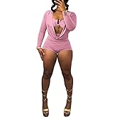 LXUAMR Jumpsuits for Women Sexy Deep V Neck Long Sleeve Romper Solid Color Bodycon Shorts Jumpsuit Going Out Outfits