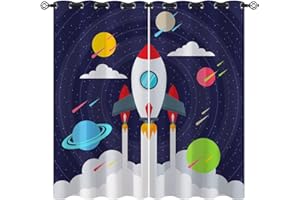 ONINUO Cartoon Space Rocket Blackout Curtains for Girls Boy Home Decor, Galaxy Planets Grommet Thermal Insulated Drapes Darkening Window Curtain for Bedroom Living Room, 42 x 45 Inch
