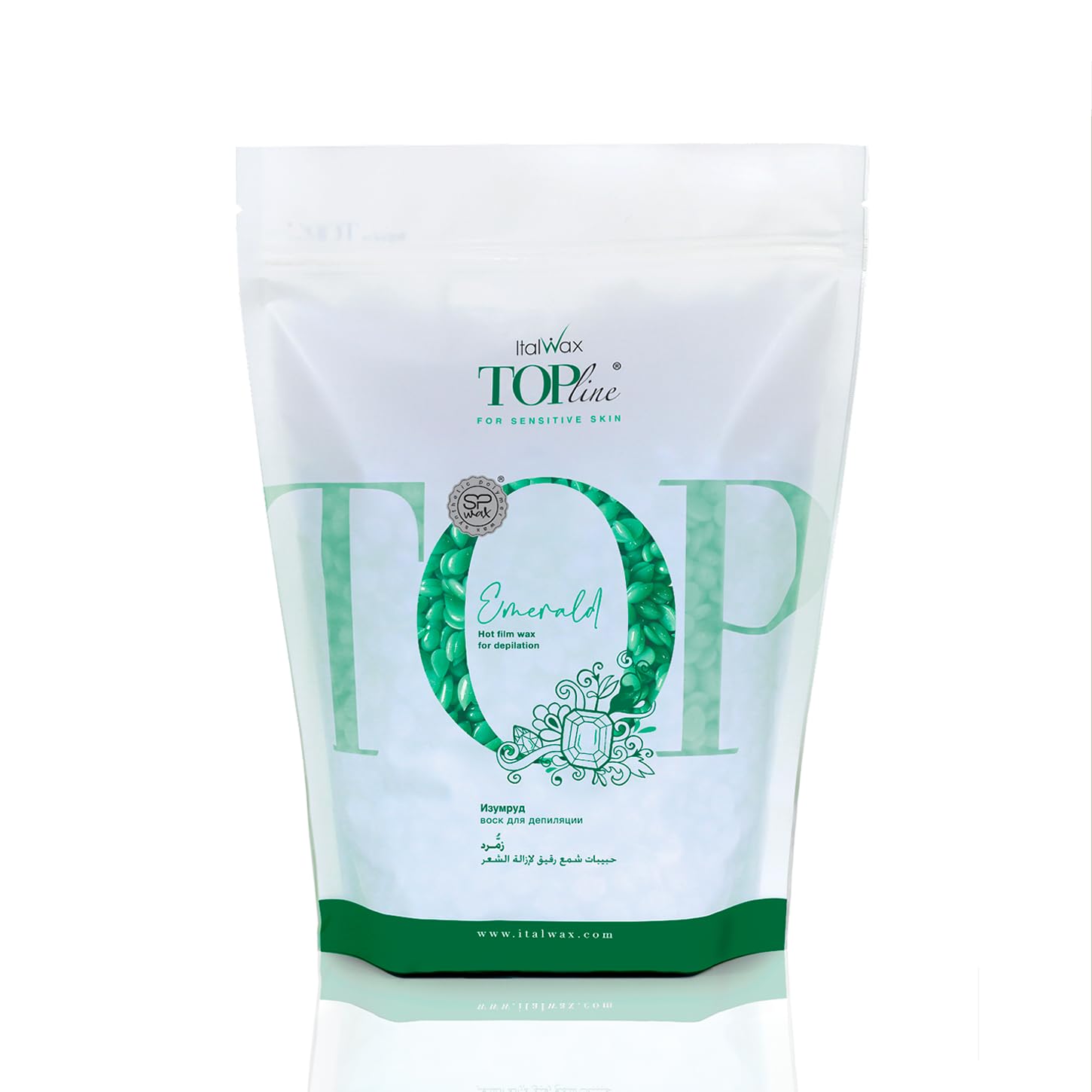 Italwax Top Line Emerald - 750g / 1.65lb - Hard wax beads for hair removal - Scent free - Synthetic formulation ideal for sensitive skins - Recommended for the Bikini Area and Armpits