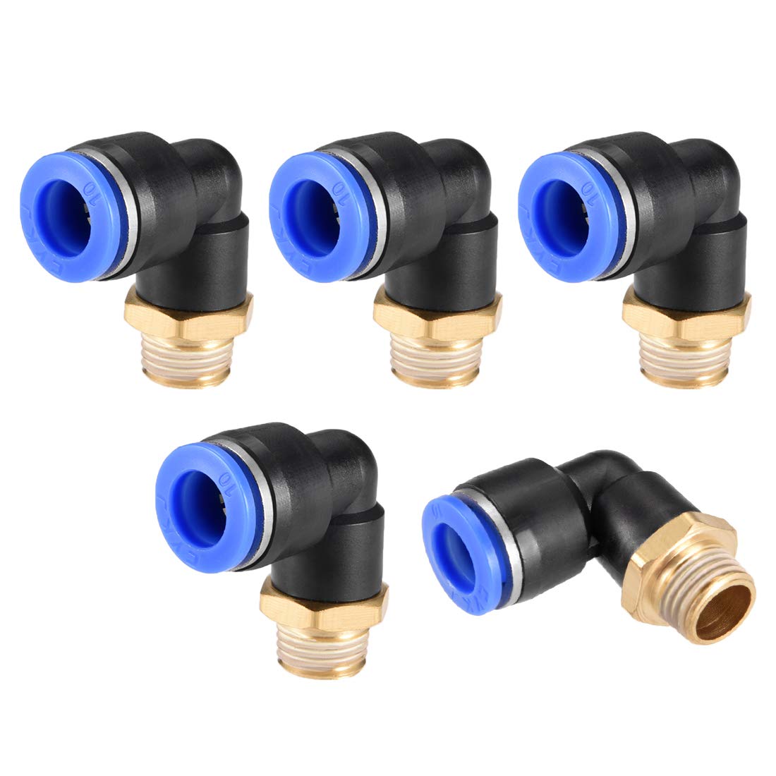 sourcing map Push to Connect Tube Fitting Male Elbow 10mm Tube OD x G1/4 Thread Pneumatic Air Push Fit Lock Fitting Blue 5pcs