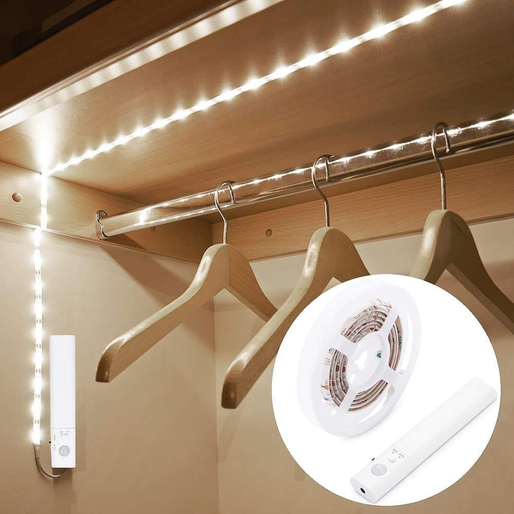 OriFiil Motion Sensor Wardrobe Light, 1.5M LED Strip Lights Night Light, 6000K Cold White, Auto on/Off, Battery Powered for Closet, Cabinet, Kitchen, Stairs, Under Bed Indoor Lighting