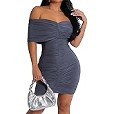 Yiershu Womens Mini Ruched Bodycon Off Shoulder Sleeveless Cocktail Party Short Fitted Dress