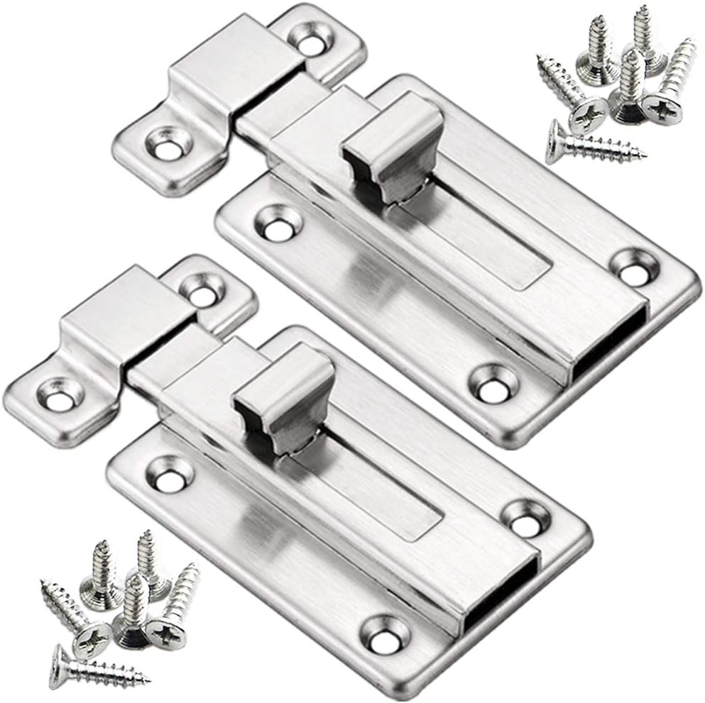 YUOIP® Door Lock Gate Bolts 3" Stainless Steel Door Latch Gate Latch Sliding Bolt for Bathroom Loft Hatch Window Pet Gate (2 Pack)(Stainless Steel Screws)