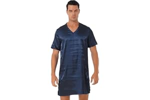 Hularka Men's Silk Satin Nightshirt Nightgown Short Sleeve V-neck Casual Nightwear Top Shirt Sleepwear