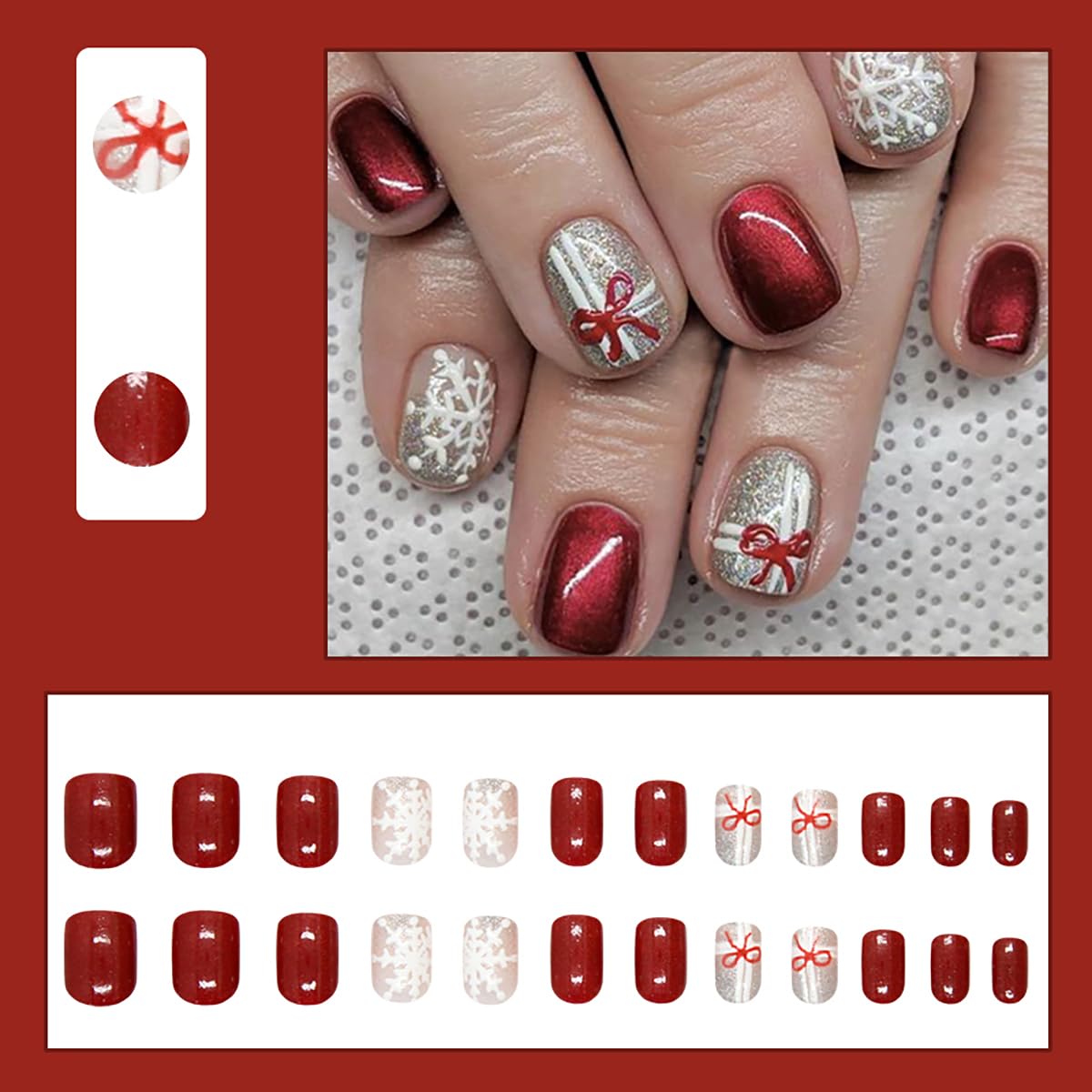 24Pcs Christmas Press on Nails Short Coffin Fake Nails Red Bow Charm Design Cute Christmas Nails Glossy Red False Nails Silver Glitter Snowflake Glue on Nails Winter Artificial Nails for Women DIY - Image 4
