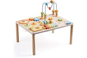 WOODENEDU Activity Table for 1+ Year Old, 8-in-1 Wooden Montessori Activity Center Table with Shape Sorter Math Game Bead Maze, Baby Sensory Toy Learning Toys for Toddler First Birthday Gift