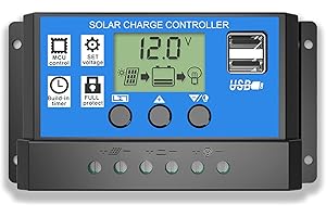 Solar Charge Controller, Lpluziyyds 10A Solar Panel Controller 12V/24V PWM Auto Parameter Adjustable LCD Display Solar Panel Battery Regulator with Dual USB Port