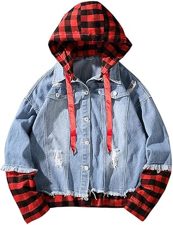 denim jacket with red hoodie