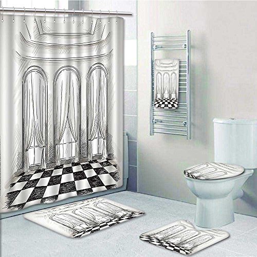 Designer Bath Polyester 5-Piece Bathroom Set,Sketch of a Classic Parlor Ballroom Hall Castle Baroque Theatre Curtains Black White Print bathroom rugs shower curtain/rings and Both Towels(Medium size)