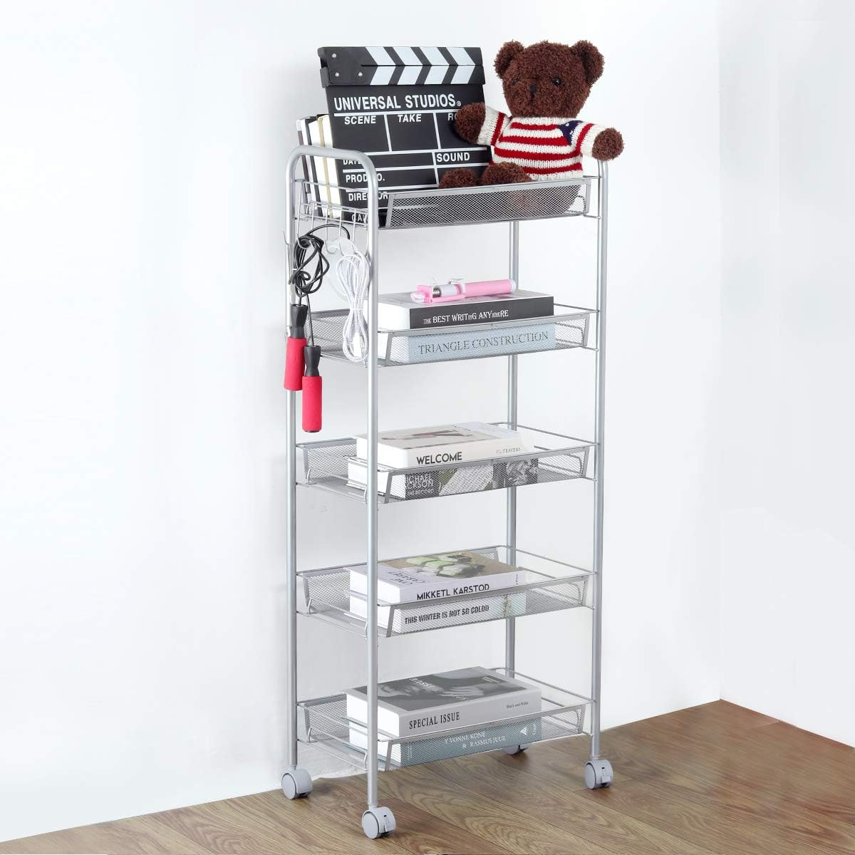 5 Tier Basket Utiity Cart Storage Rack Wire Rolling Trolley Organizer Shelves Unit for Home Bathroom Kitchen Office Silver