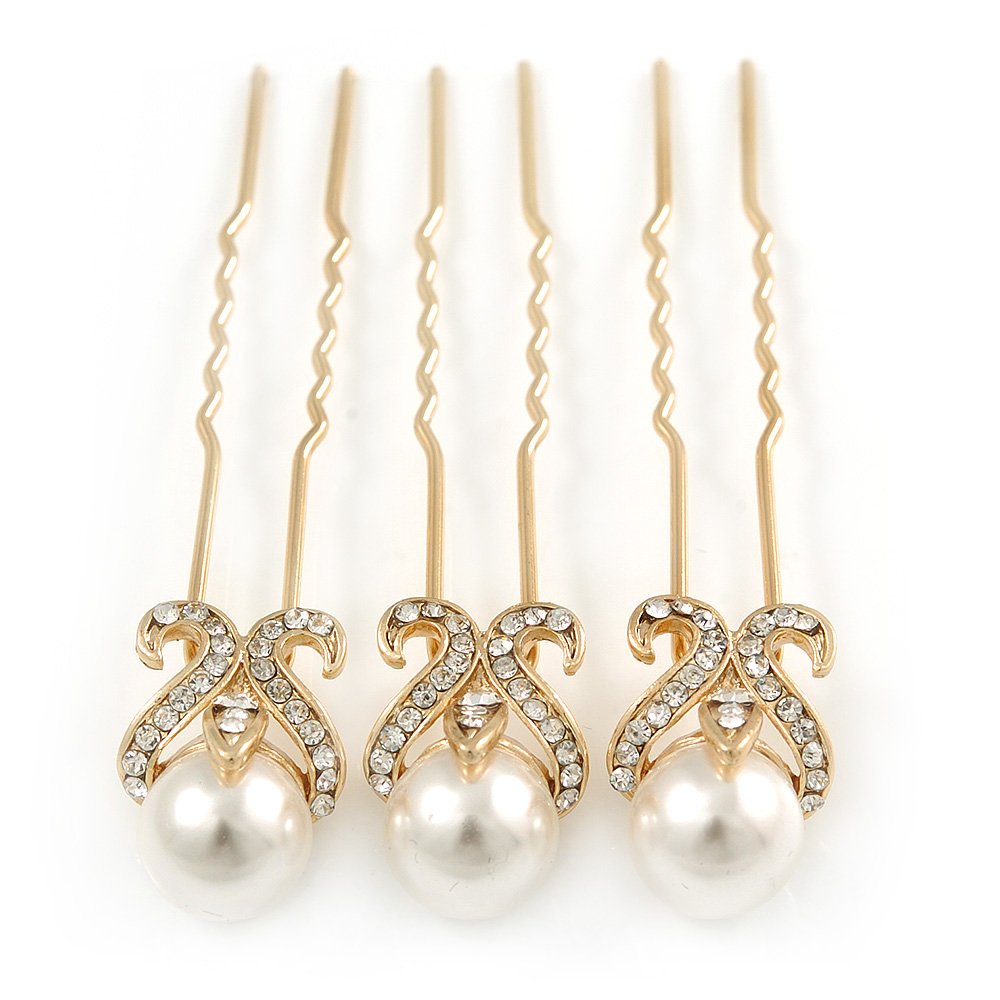 Bridal/Wedding/Prom/Party Set Of 3 Gold Plated Clear Austrian Crystal Faux Pearl Hair Pins