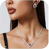 OUTINGFIT V Shaped Tennis Necklace and Moon Earrings Set for Women Sapphire Silver Wedding Jewelry Set for Brides Minimalist Geometric Accessories