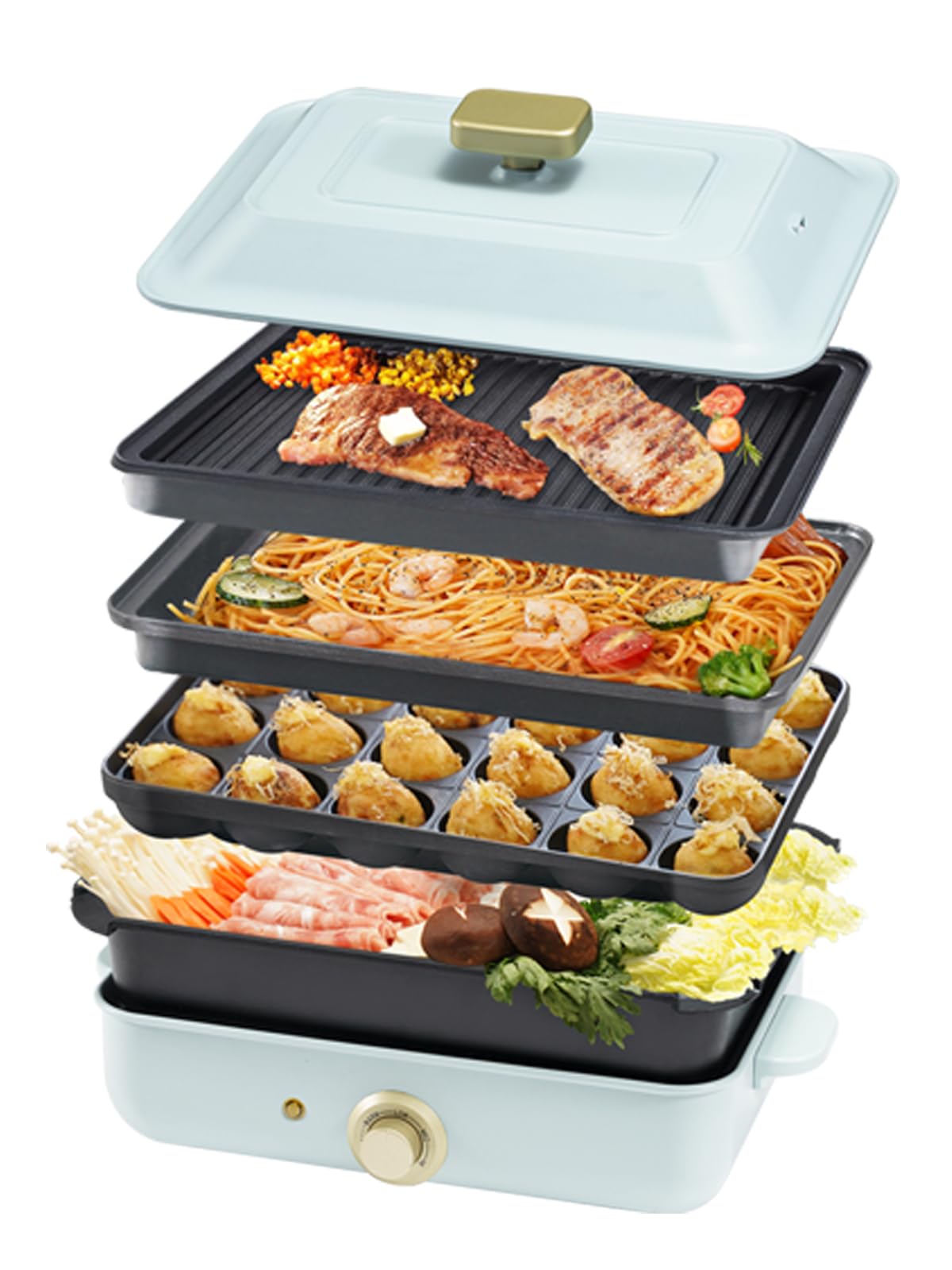 SOLEMOOD ホットプレート 焼肉 たこ焼き 4枚タイプ 波型プレート付き 多用途 しゃぶしゃぶ グリル鍋 深鍋 焼肉プレート プレート取り外し可能 着脱式ホットプレート 1台多役 A4サイズ 1200W おしゃれ かわいい 温度調節 洗いやすい 1人 2人 3人 用 小型 (プレート4枚-ブルー)商品画像