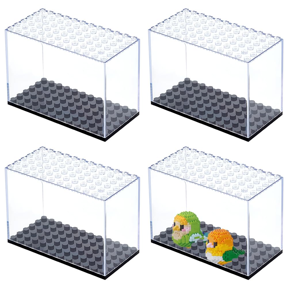 FINGERINSPIRE 4PCS Minifigures Display Case 95x69x47mm Stackable Model Display Case Plastic Display Case with Base Transparent Building Blocks Boxes for Miniature Action Figures Blocks