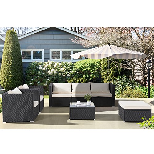 GTM 7PC Outdoor Furniture Rattan Wicker Patio Sectional Sofa Set with Cushions,Black