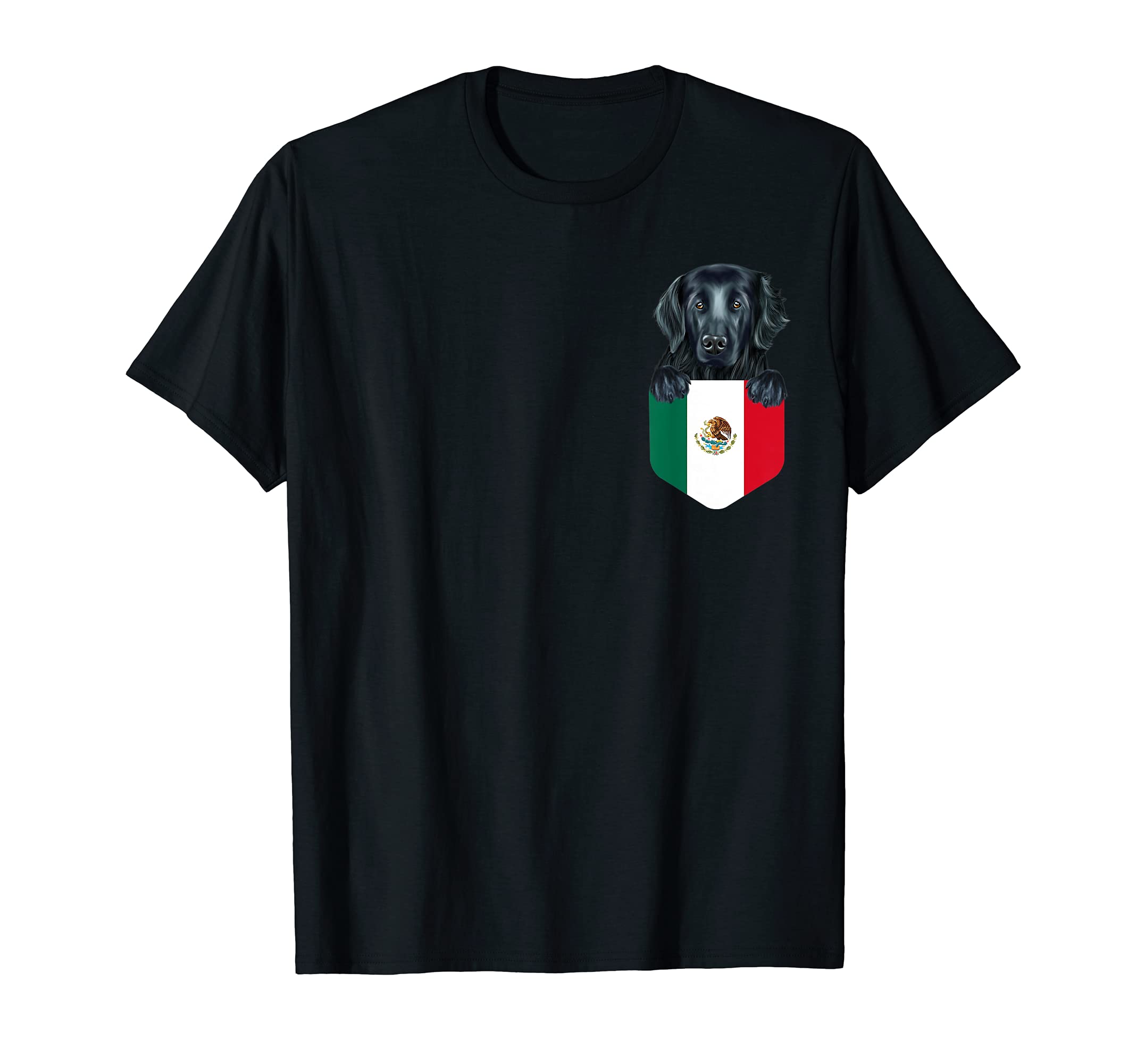 Mexico Flag Flat-Coated Retriever Dog In Pocket T-Shirt