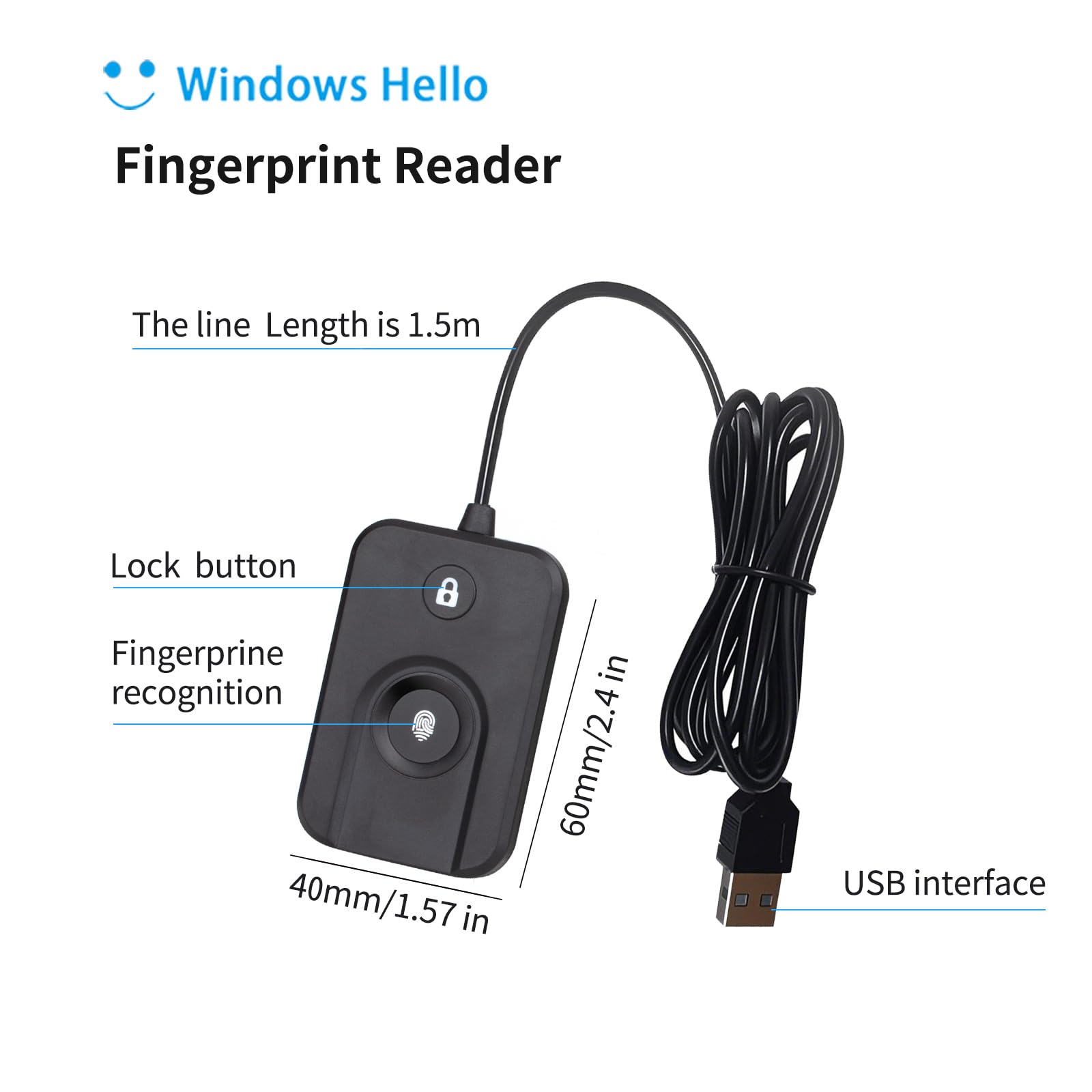 USB Fingerprint Reader for Windows10/11, Windows Hello Fingerprint Reader One-Click Lock Screen,Auto Driver Setup with 5ft Cable-Windows Password-Free Login