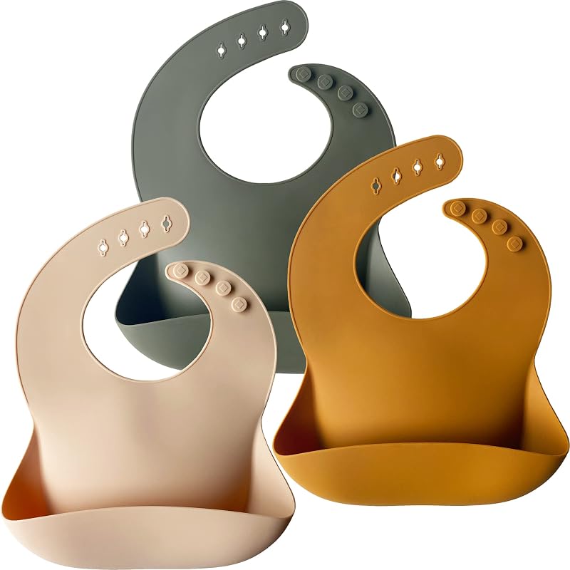 Moonkie Baby Bibs 3Pcs Silicone Feeding Bibs Waterproof BPA Free Cream Buck
