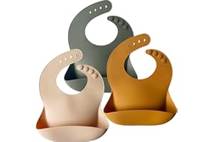 Moonkie Silicone Bibs Set Of 3, BPA Free Soft Adjustable Fit Waterproof Feeding Bibs for Babies and Toddlers(Cream/Buck/Olive Green)