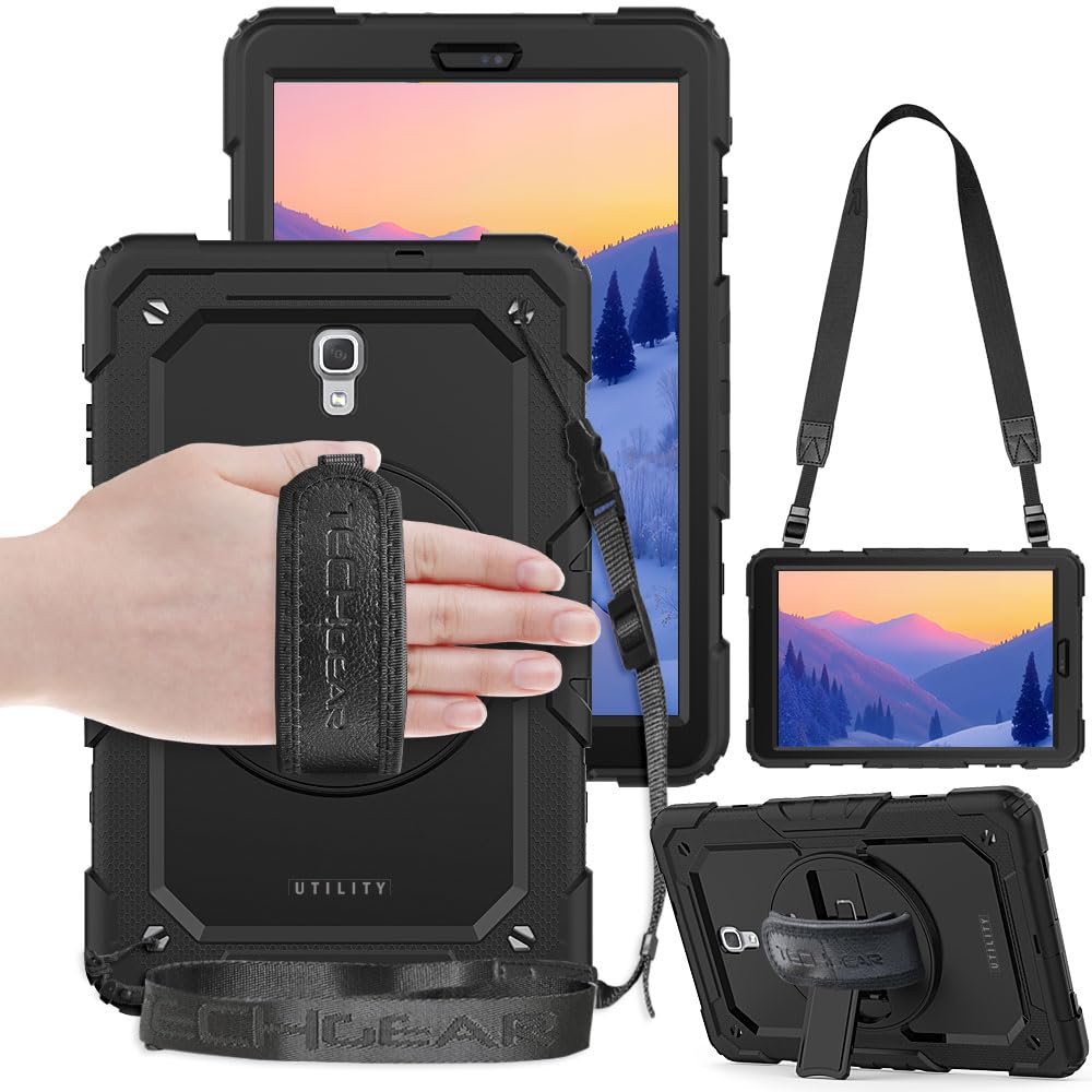 TECHGEAR UTILITY Case fits Samsung Galaxy Tab A 10.5" (SM-T590 Series) Tough Rugged HEAVY DUTY Armour Shockproof Protect Case 360 Degree Rotating Stand, Hand Strap and Shoulder Strap - Black