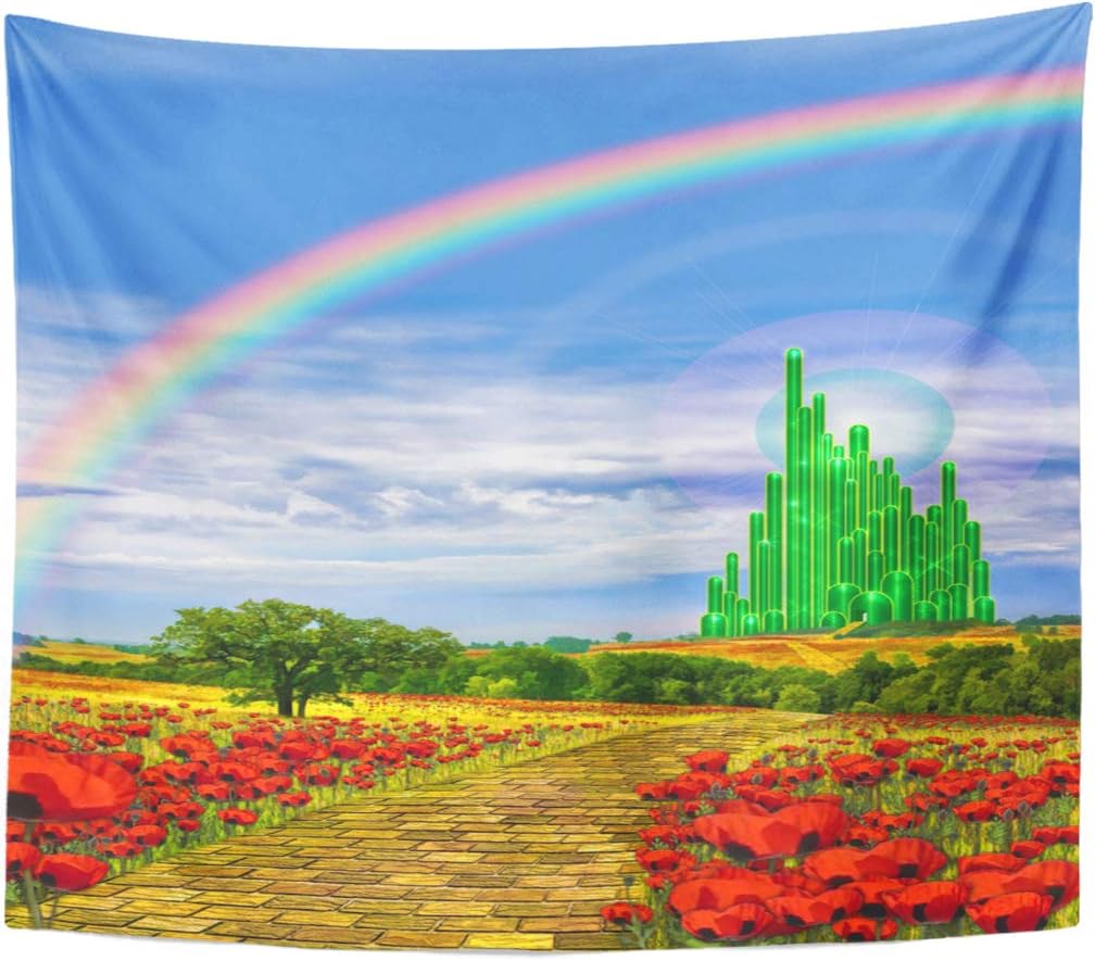Tapestries - Emvency Tapestry Fields Musical Yellow Brick Road Leading Into Emerald Wizard City Land Poppy Rainbow Home Decor Wall Hanging for Living Room Bedroom Dorm 60x80 Inches