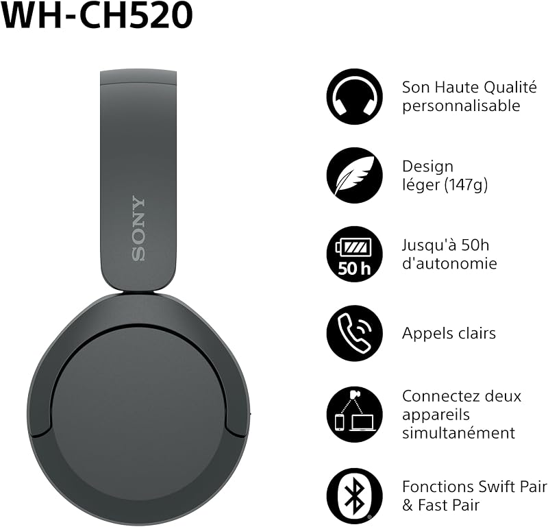 WH-CH520 - Casque Bluetooth sans Fil, Multipoint, Micro intégré - jusqu'à 50 Heures d'autonomie et Charge Rapide - Noir