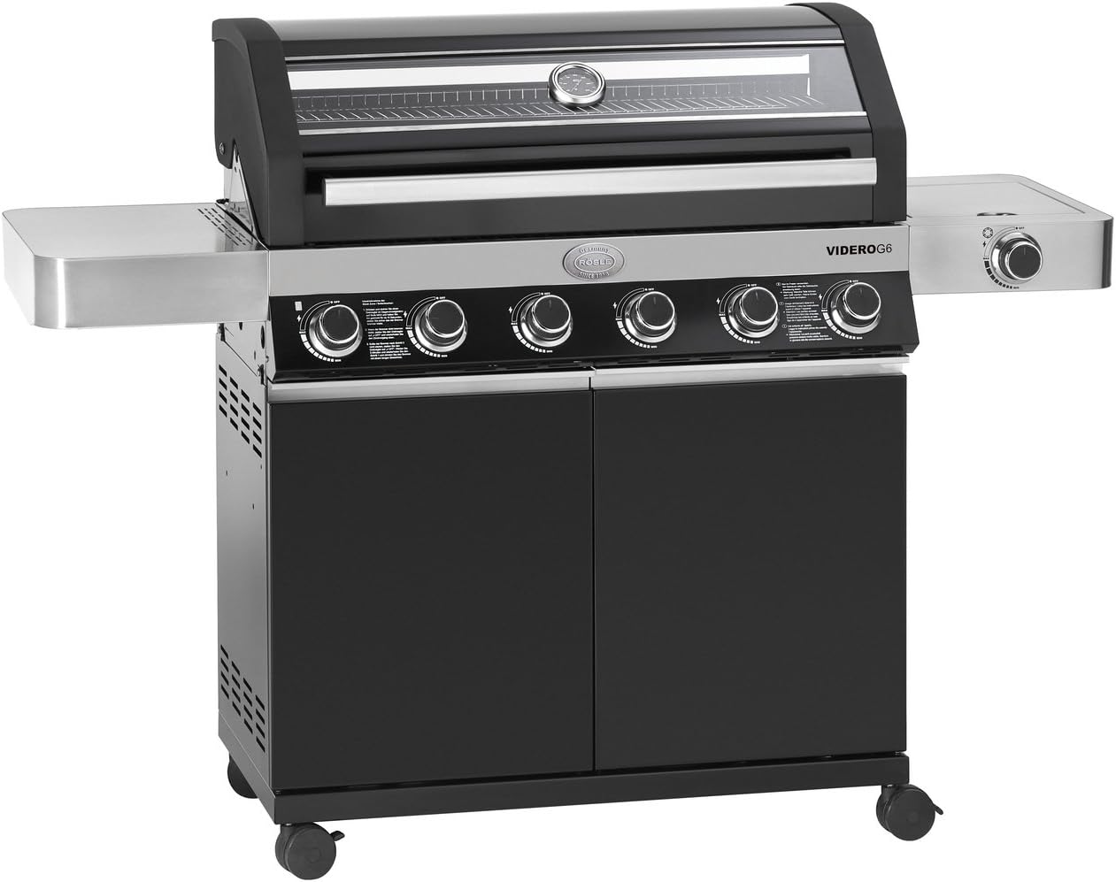 RÖSLE BBQ-Station Videro G6, Stahl schwarz, 157 x 60 x 118 cm, 5 Hauptbrenner, 1 Primezone, 1 Seitenbrenner, Deckel mit Glaseinsatz &amp; Thermometer, beleuchtete Drehknöpfe