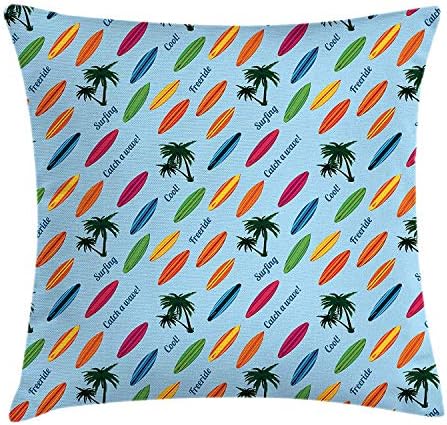 Surfboard Throw Pillow Cushion Cover, Exotic Hawaii Vacation Palm Trees and Colorful Boards Water Sports Fun Activities, Decorative Square Accent Pillow Case, 18 X 18 inches, Multicolor