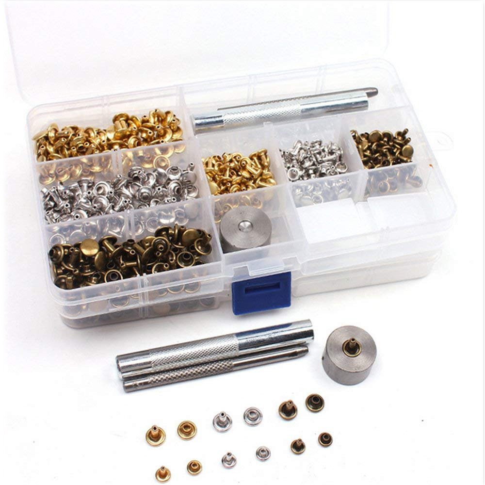 ISOTO 180 Sets 2 Sizes Leather Rivets Single Cap Rivet Tubular Metal Studs with 3 Pieces Fixing Tool for DIY Leather Clothing Craft Rivets Replacement,Snap Fastener Kit Button Tool
