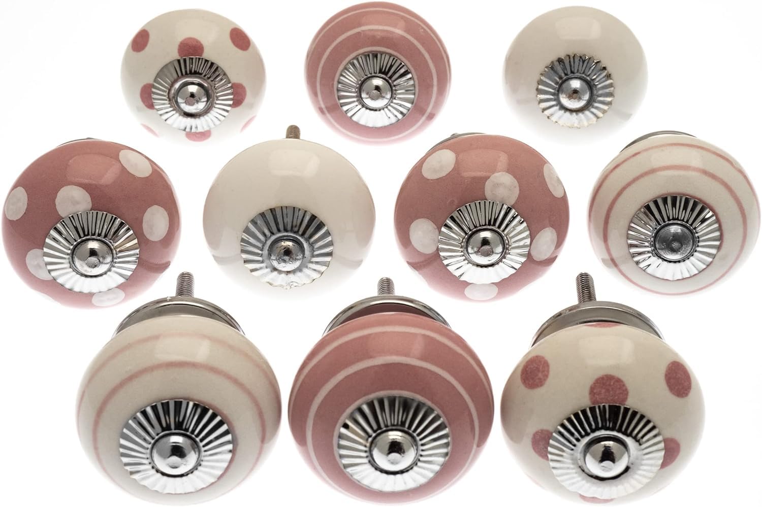 Mango Tree Mixed Set of 10 x Dusty Pink and White Spots and Stripes and Crackle Ceramic Cupboard Knobs/Door knobs/Drawer knobs (MG-730-2)