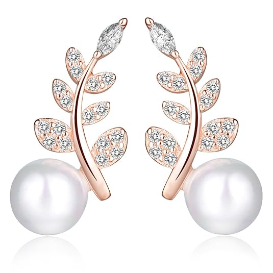 Unendlich U Fashion Blätter Damen Ohrstecker 925 Sterling Silber Zirkonia 6mm Perle Stecker Ohrringe Pearl Earrings, Rose Gold
