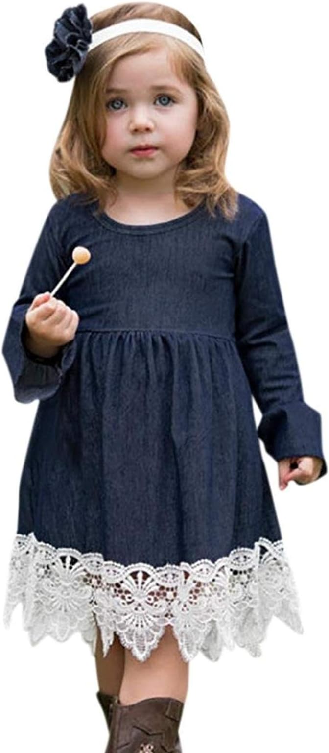 itkidboyToddler Baby Girl Clothes Long Sleeve Dress Ruffle Denim Skirt Lace Hem Princess Party Skirt Outfits Set