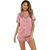 Silk Satin Pajama Set for Women Button Down Short Sleeve 2 Piece Soft Pjs Sleepwear