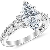Houston Diamond District 1 to 5 Carat LAB GROWN DIAMOND Designer Four Prong Pave Set Round Marquise Cut Diamond Engagement Ring (D-E Color VS1-VS2 Clarity)
