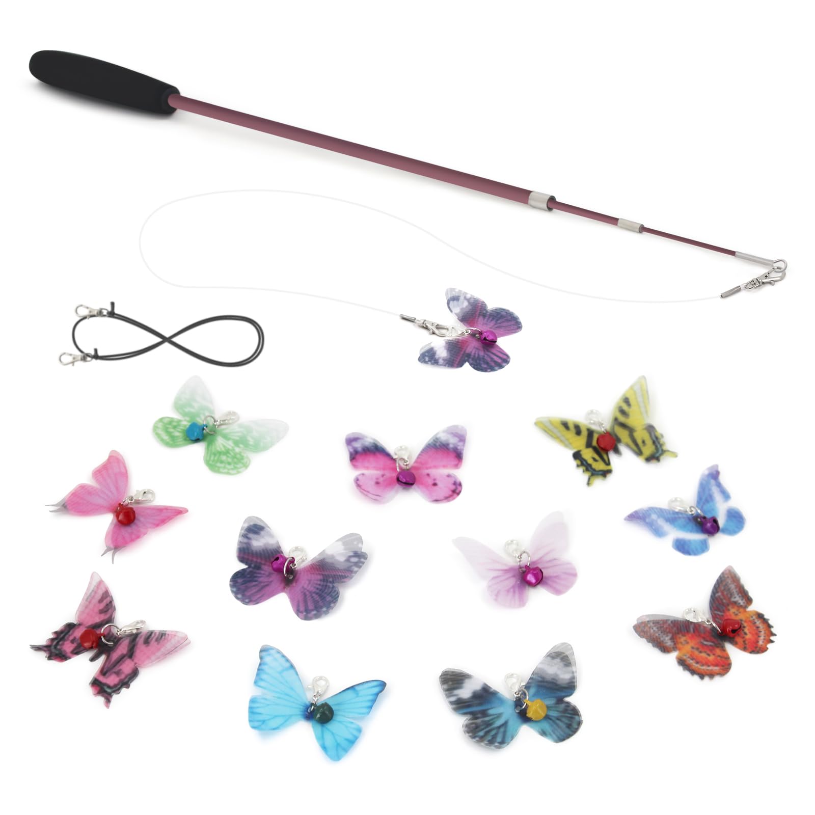 SONGWAY Butterfly Cat Toy Wand - 13 PCS Interactive Cat Toy for Indoor Cats Kittens, 1 Retractable Teaser Wand and 12 Butterfly Cat Toys Refills with Bells, Cat Fishing Pole Toy