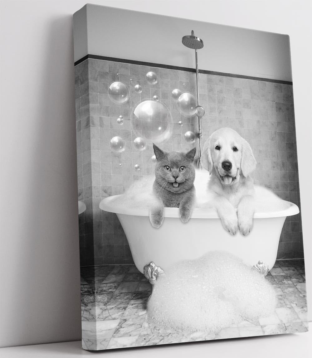 Wall Décor - Biufo Black White Cat Dog in Bathtub Canvas Wall Art Animal Artwork Picture for Restroom Bathroom Decor (12
