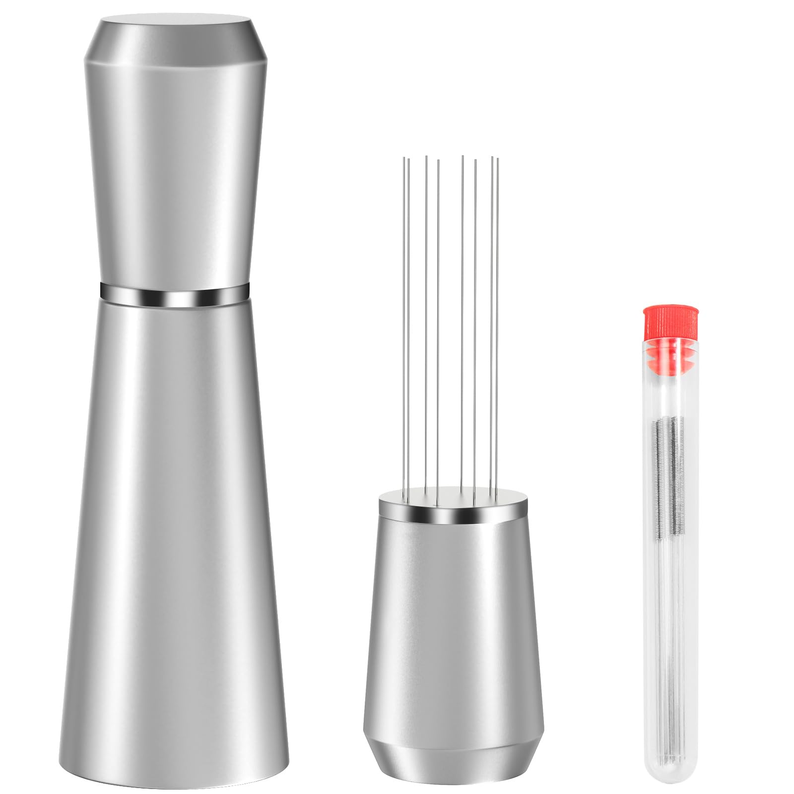 Photo 1 of Jeymei WDT Espresso Distribution Tool, 0.35mm 8 Needle Coffee Stirrer with 8 Extra Needles, 304 Stainless Steel, Aluminum Alloy Handle with Stand, Barista Espresso Whisk Tool (Metal Silver)
