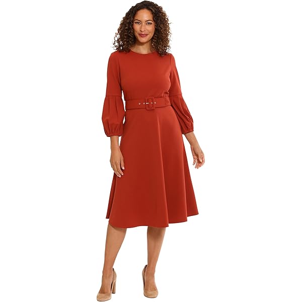 London Times Women's Belted Fit and Flare Pleated Blouson Sleeve Midi Scuba  Crepe Dress Polished Chic Career, Navy Blazer at Amazon Women's Clothing  store