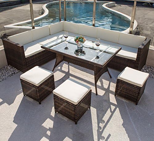 COMHO Outdoor Furniture Sectional Patio Rattan Wicker Sofa Set Cushioned Seat &amp; Glass Table 7-Pieces(9 Seats)