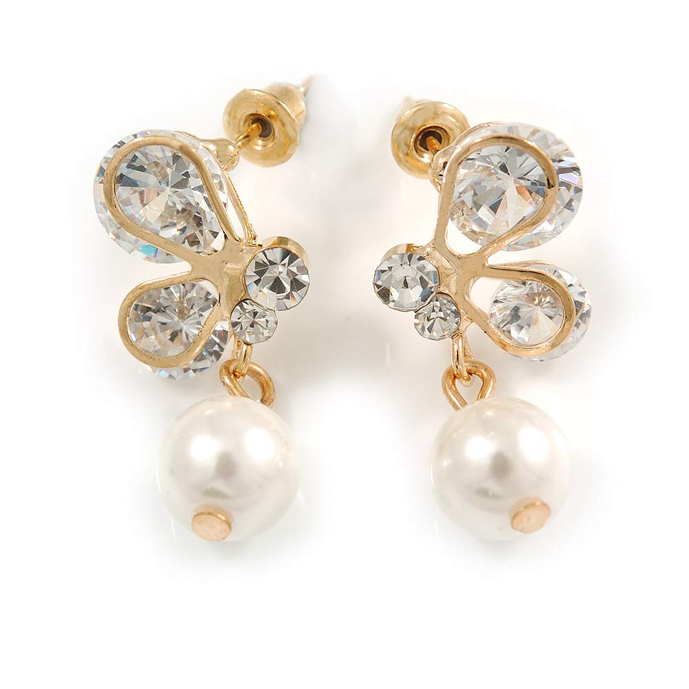 Delicate Clear Cz White Faux Pearl Butterfly Drop Earrings/Gold Tone/ 25mm L