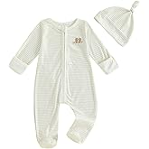 XRTBMN Infant Boy Western Footie Rompers Newborn Baby Coming Home Outfit Fall Clothes Long Sleeve Striped Jumpsuit with Hat