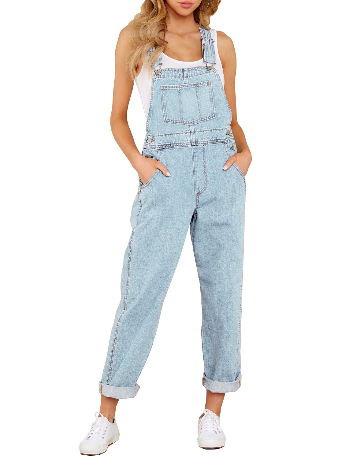 Photo 1 of luvamia Flexclusive Women's Casual Adjustable Denim Bib Overalls Jeans Pants Fashion Loose Overall Jumpsuits for Women 2025 Powder Blue Size Medium