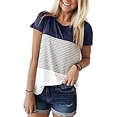Womens Crew Neck Short Sleeve Tees Color Block Striped T-Shirt Casual Loose Fashion Tee Tops