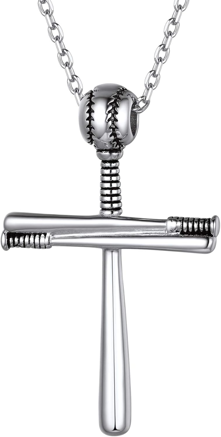 925 Sterling Silver Baseball Cross Necklace for Men Women 18 Inch Chain