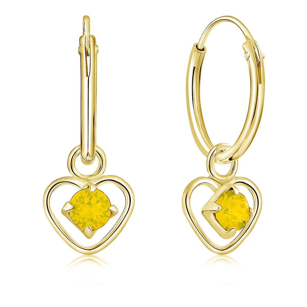 DTPsilver® 925 Sterling Silver Yellow Gold Plated SMALL Hoops Earrings & Dangling Heart with 3 mm Crystals from Swarovski® Elements - Thickness 1.5 mm - Diameter: 14 mm - Colour : Yellow Opal — image 1